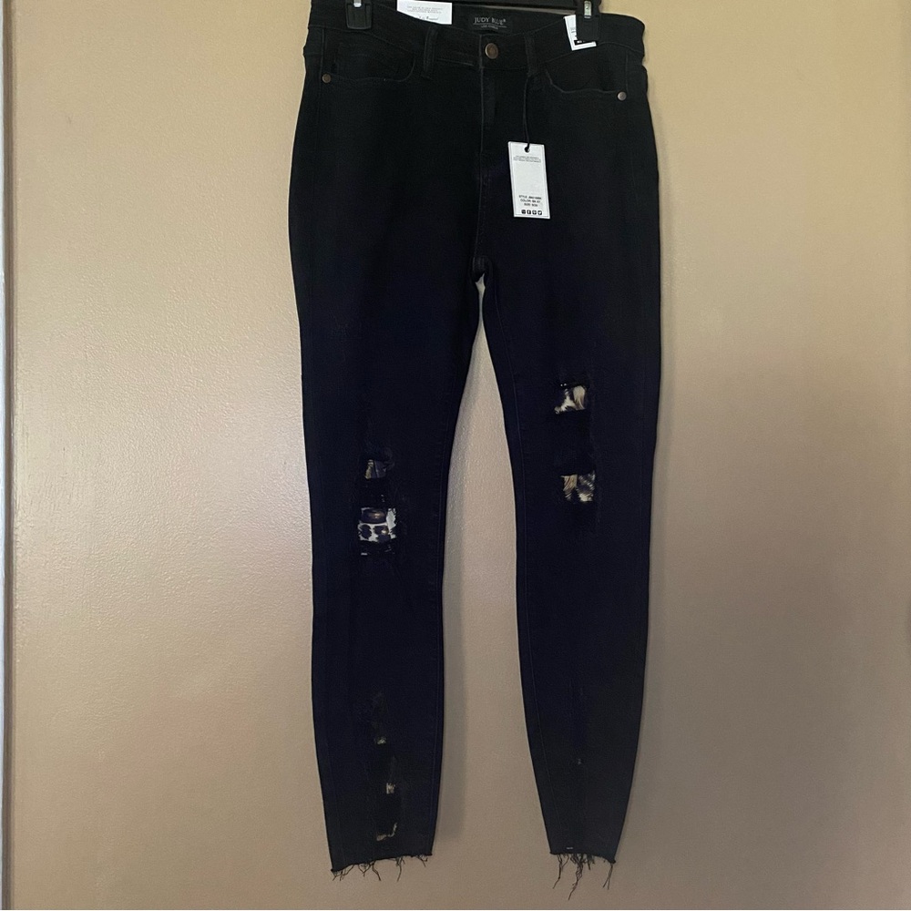 Judy Blue Mid Rise Skinny Fit Distressed Leopard Print Black Jeans Size 9/29